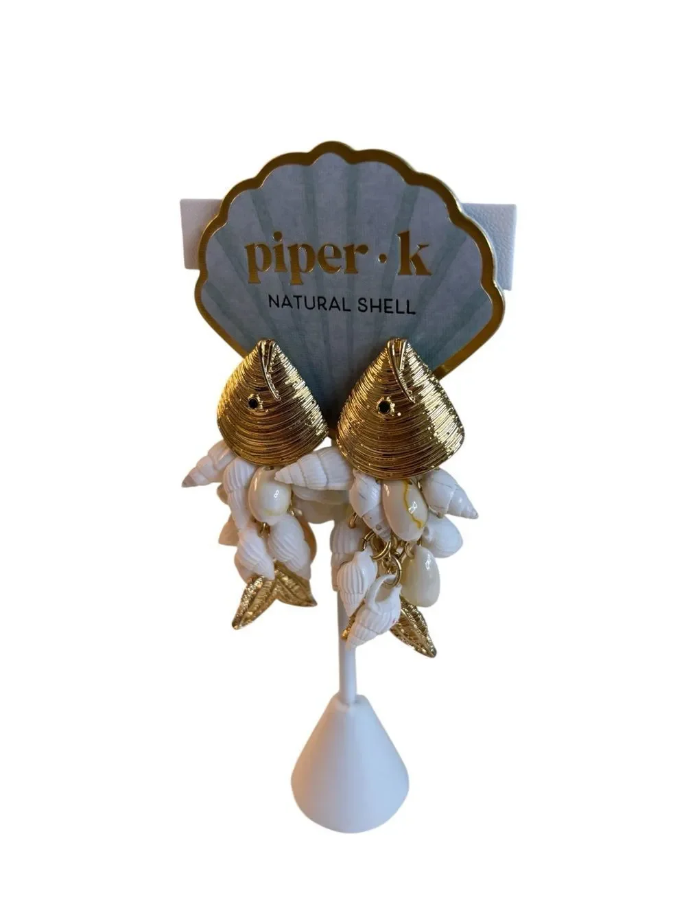 Piper k Gold Tone Fish Head Dangle Natural Shell Drop Earrings.